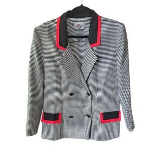 Vintage Houndstooth Blazer Red Black Trim Double Breasted Jacket‎ Size 18